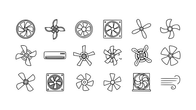 Minimalist propeller and ventilation fan icons collection with cooler rotor turbine and airflow symbols isolated on transparent background