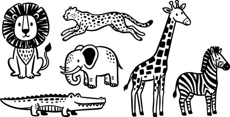 Fototapeta premium Black and white minimalist vector art of sitting lion running cheetah standing giraffe walking zebra walking crocodile and small elephant