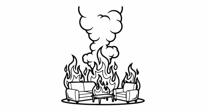 Two chairs and a sofa with a coffee table engulfed in flames