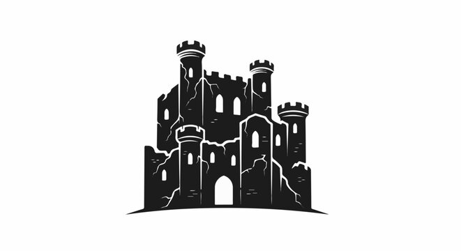 Stylized black silhouette of a crumbling ancient fortress with turrets