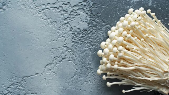 Fresh enoki mushrooms on textured dark gray background