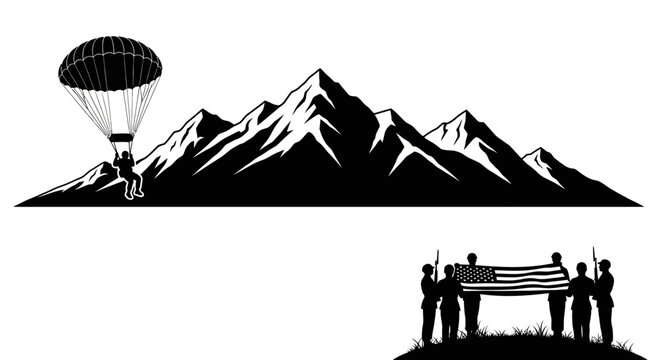 Parachutist Skydiver Over Mountains with Military Flag Bearers