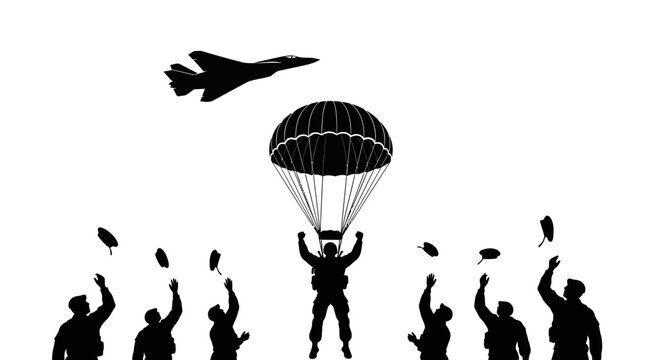 Paratrooper Jumps From Plane While Soldiers Cheer Below, Silhouette