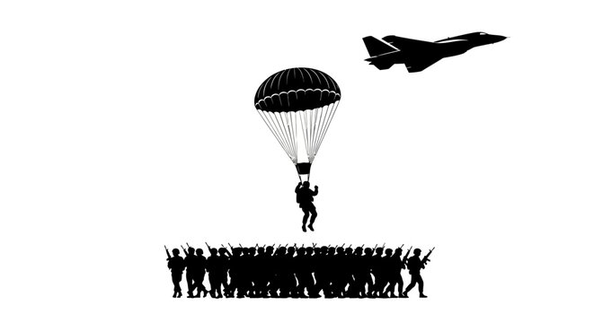Paratrooper Jumps From Plane Above Soldiers, Military Airborne Operation