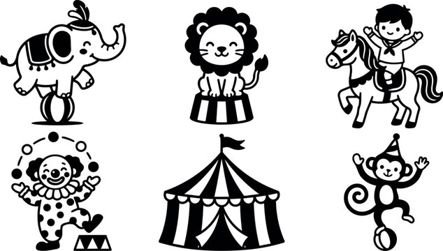 Black and white vector art of circus animals and performers with elephant on ball lion on platform boy riding horse clown juggling circus tent monkey balancing ball