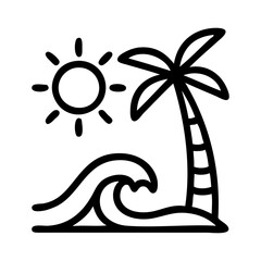 Logo agencia de viajes. Vacaciones de verano. Dibujo sencillo con líneas de un paisaje con la palma, sol y olas de mar © teracreonte