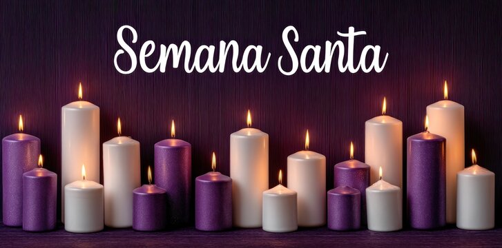 Semana Santa candle vigil with purple and white candles and glowing flames on dark textured background symbolic Holy Week faith Generative AI