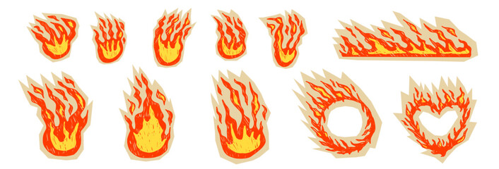 Flame doodles in crayon chalk, hand-sketched fire with grunge textures. Retro promo sticker graphics and rough brush strokes for creative project. Vector bonfire and hot sale frames, borders isolated.