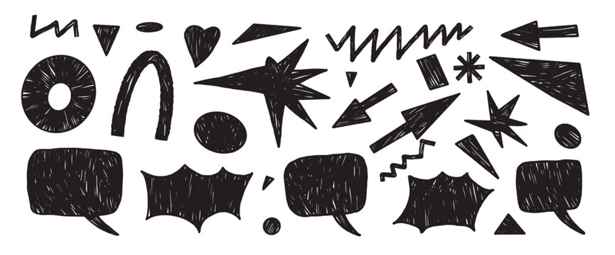 Charcoal geometric shapes with speech bubbles. Black marker naive bang and promo text boxes. Hand drawn abstract elements with textured brush strokes. Childish vector doodle figures isolated no bg.