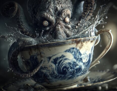 Una taza de t&eacute; china emerge de un mar de tent&aacute;culos.