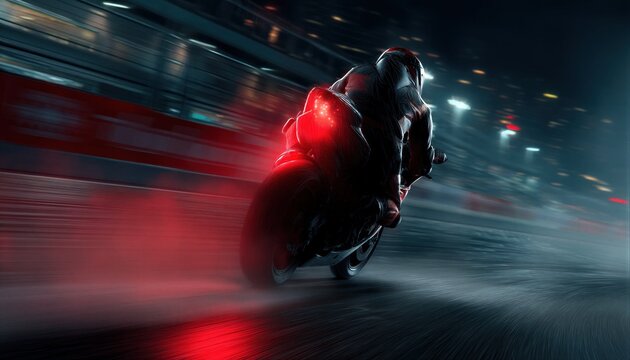 Una motocicleta deportiva se desliza a gran velocidad por una carretera mojada bajo la lluvia, con luces de ne&oacute;n borrosas al fondo.