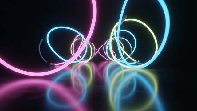 Abstract Neon Cables and Reflective Surface - This video showcases abstract glowing neon tubes or cables weaving across a dark reflective surface.