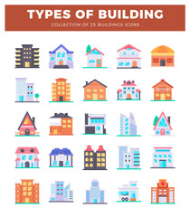 Collection of flat building icons illustrating various architectural styles for urban or residential use
