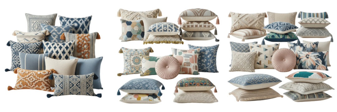 Collection of decorative throw pillows with bohemian patterns and tassels, stylish cushion set for sofa and home textile interior design isolated on white background.