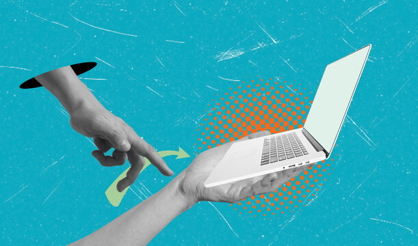 Hand reaches out towards laptop in colorful art collage showing technology and interaction