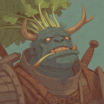 Retrato de un orco guerrero con una lechuga creciendo de su cabeza.