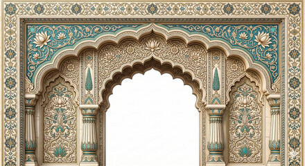 An intricately carved turquoise and gold arched doorway design element perfect for digital projects on transparent background