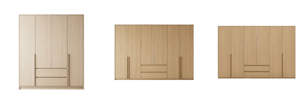 Modern light wood wardrobe with drawers isolated on white background, set of three sizes of elegant wooden closet for bedroom interior design.