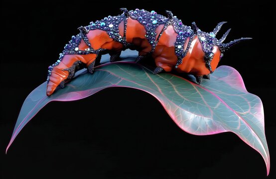 Una oruga con adornos brillantes se posa sobre una hoja iridiscente.