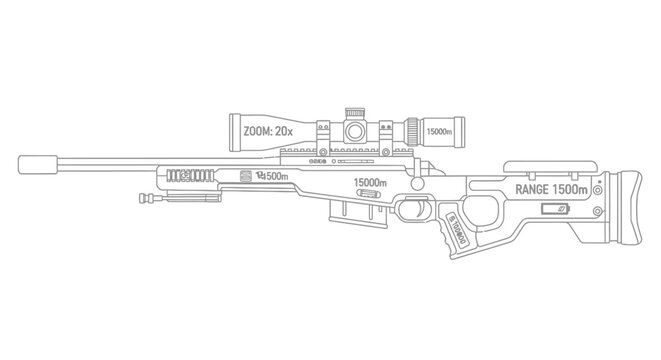 Sniper Rifle with Scope - Precision Weaponry Line Art Illustration