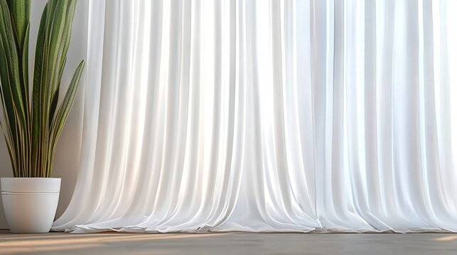 Elegant Interior View with Modern White Curtains and a Beautiful Green Potted Plant Accent