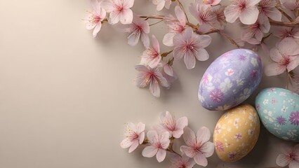 Obraz premium Easter eggs with floral patterns surrounded by cherry blossoms on beige background
