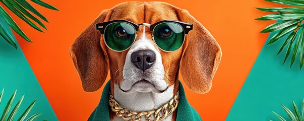 Obraz premium Stylish beagle dog wearing green St. Patrick's Day glasses and a gold chain for holiday fun