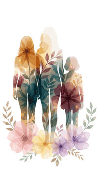 An artistic depiction of three women intertwined with flowers, embodying beauty and nature