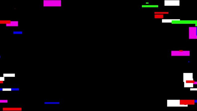 A simple source code text animation, with an intentional distortion glitch effect.  colored words on a black background video 4k