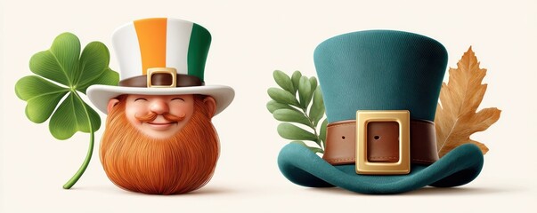 Obraz premium Happy St. Patrick's Day leprechaun with shamrock and green top hat for Irish celebration
