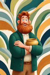 Obraz premium Smiling leprechaun holding a pot of gold against a colorful rainbow background