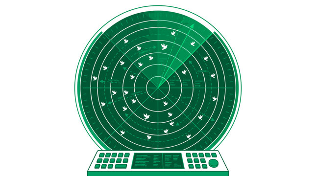 A green radar screen displaying signals, with a focus on technological advancement and exploration. The radar represents surveillance and data processing capabilities