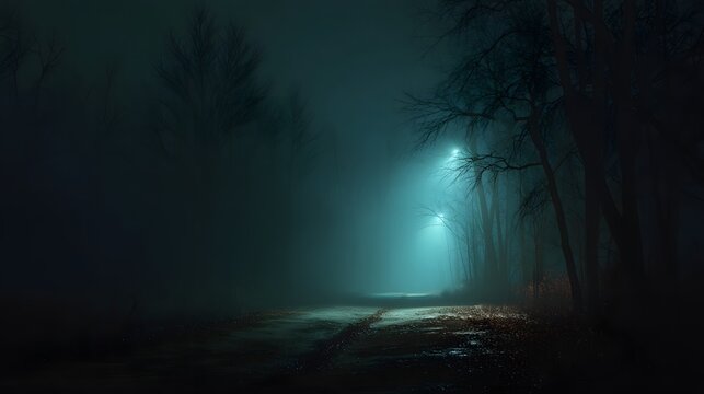 Misty forest path glows under solitary light