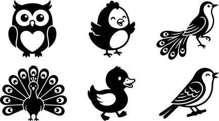 Fototapeta premium Black and white vector icons set of six various birds including owl chick peacock duck and songbird silhouettes in flat design style