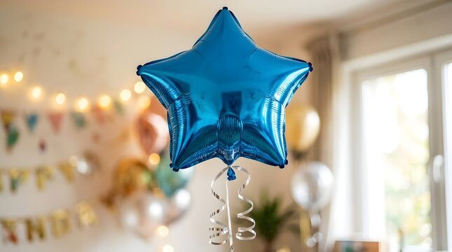 A blue star-shaped balloon floating in a festive party room with decorations