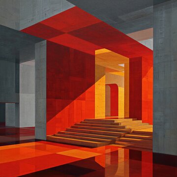 Una escalera de piedra se eleva en un espacio arquitect&oacute;nico abstracto, ba&ntilde;ado en tonos rojizos y anaranjados.
