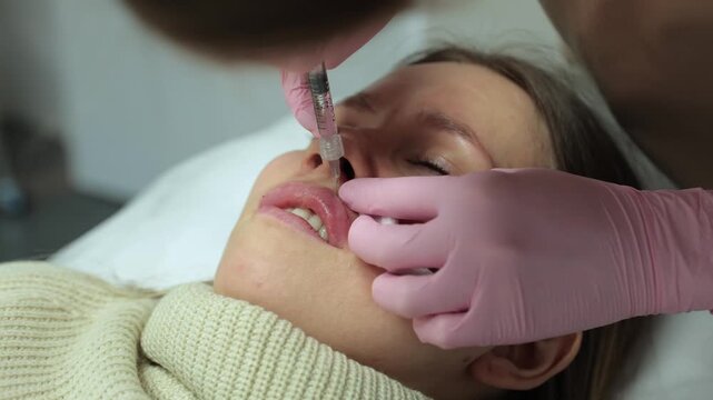 Professional cosmetologist in pink gloves performing precise Botox injection into female patient's upper lip in a medical clinic. Aesthetic beauty procedure for lip correction