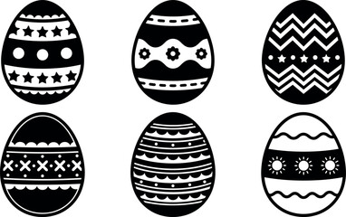 Obraz premium Black and white minimalistic vector art set of six decorated easter eggs with star and floral patterns isolated on white background