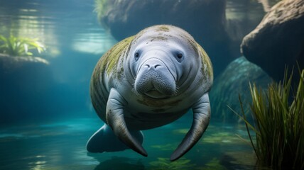 Gentle Manatee Swimming Underwater in Crystal Clear Tropical Lagoon Wildlife Scene