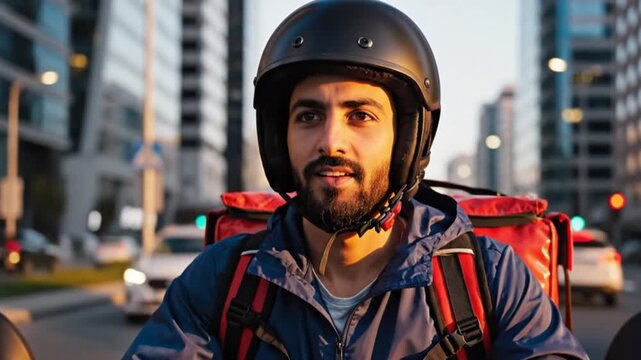 A delivery driver from the Middle East on a delivery motorcycle, large backpack on his back, open-face helmet.
