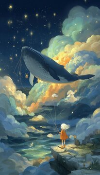 Una ni&ntilde;a sostiene una cuerda que conecta con una enorme ballena volando entre nubes brillantes.
