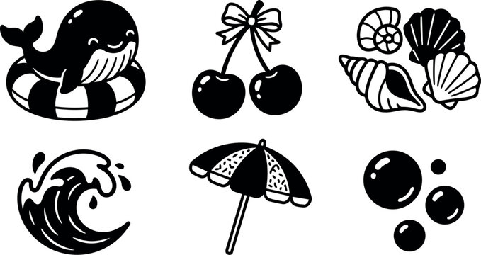 Black and white vector icons of smiling whale in float waves sea shells umbrella cherries and bubbles summer beach elements
