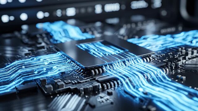 AI Chip with Data Streams - This close-up shot shows an AI chip with glowing blue data streams flowing across its surface.