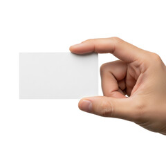 Obraz premium adult light-skinned hand precisely gripping a blank white horizontal business card in ultra close-up macro view, high-key studio lighting on a transparent background, professional identity mockup