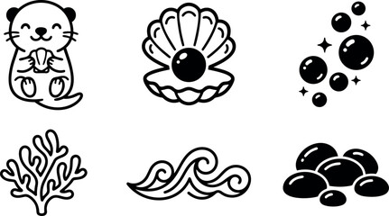 Fototapeta premium Cute smiling otter holding shell pearl with coral waves bubbles and stones vector line art icons set
