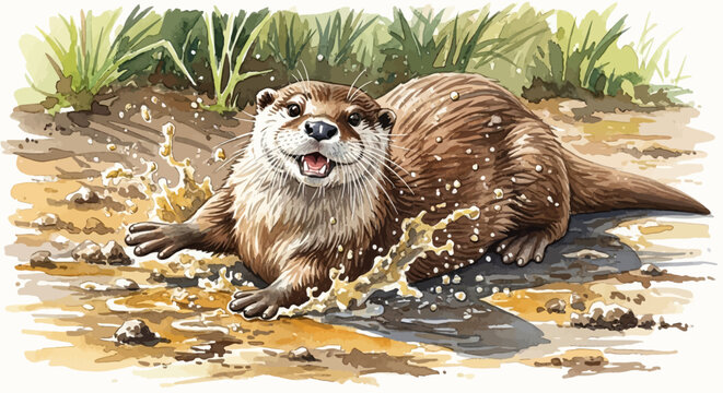 Joyful Otter Playing in Muddy Water Watercolor Illustration