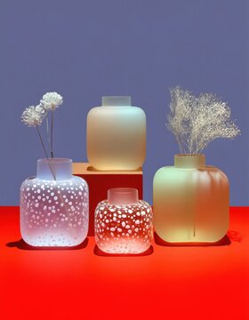 Cuatro jarrones transl&uacute;cidos iluminados con flores secas sobre un fondo rojo y azul.