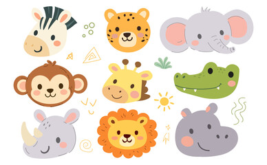 Naklejka premium Cute wild jungle animal faces and heads vector illustration. Hand drawn animal face cartoons including a lion, monkey, hippo, rhino, giraffe, etc