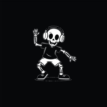 A skeleton wearing headphones dances energetically on a skateboard indoors.