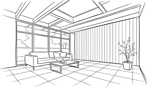 Streamlined interior perspective of a minimalist living room featuring a large gridded window wall, ceiling beams, and a vertical-slat feature wall.